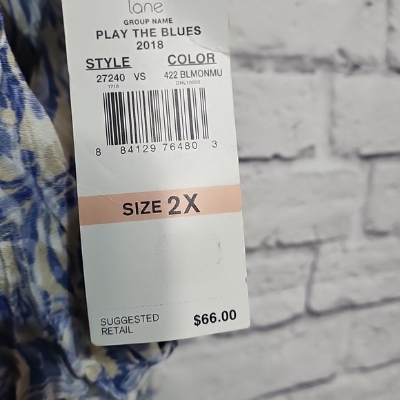 Lark Lane 2X Blue Cream Patterned Peasant Blouse Top Bohemian Tunic Women - Picture 7 of 8